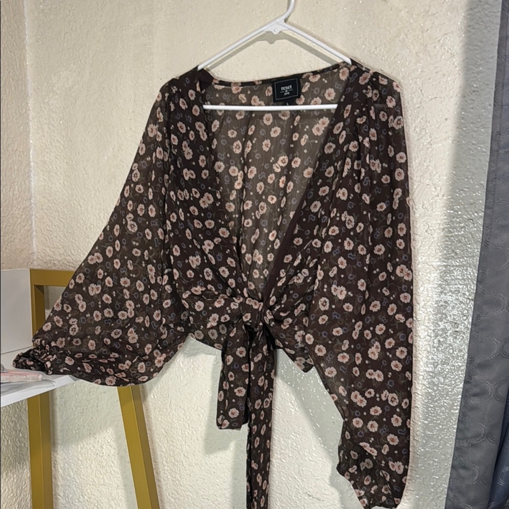 Floral Tie-Front Blouse - Black and Pink
